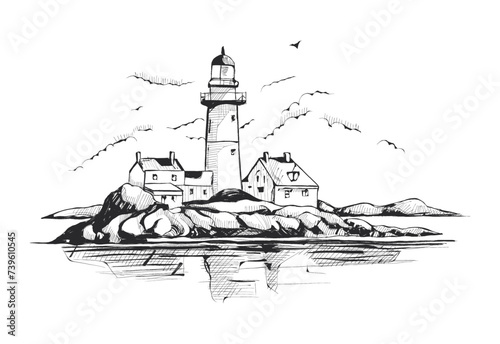 Lighthouse on the island. Hand drawn ink sketch. Vector illustration