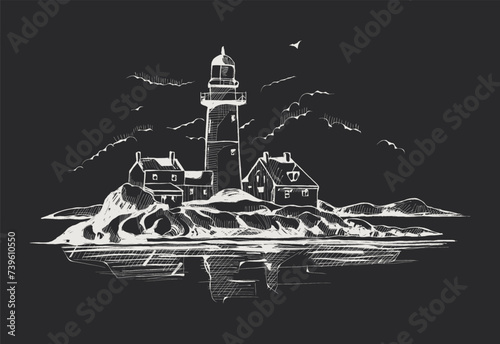 Lighthouse on the island. Hand drawn vector illustration. Isolated on black background