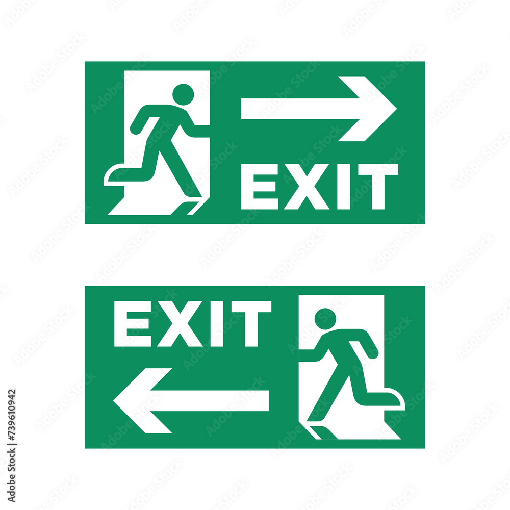 Emergency exit sign. Symbol of emergency or fire. A man runs through an open door. Sign in an office or shopping center.