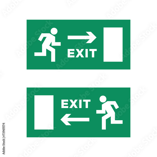 Emergency exit sign. Symbol of emergency or fire. A man runs through an open door. Sign in an office or shopping center.