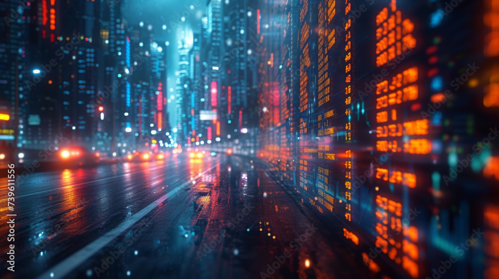 A virtual reality simulation of a bustling stock market with traders in futuristic suits moving and interacting with the constantly changing data around them. The skyline A virtual reality simulation of a bustling stock market with traders in futuristic suits moving and interacting with the constantly changing data around them. The skyline
