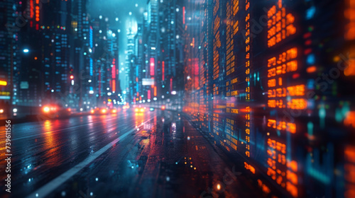 A virtual reality simulation of a bustling stock market with traders in futuristic suits moving and interacting with the constantly changing data around them. The skyline