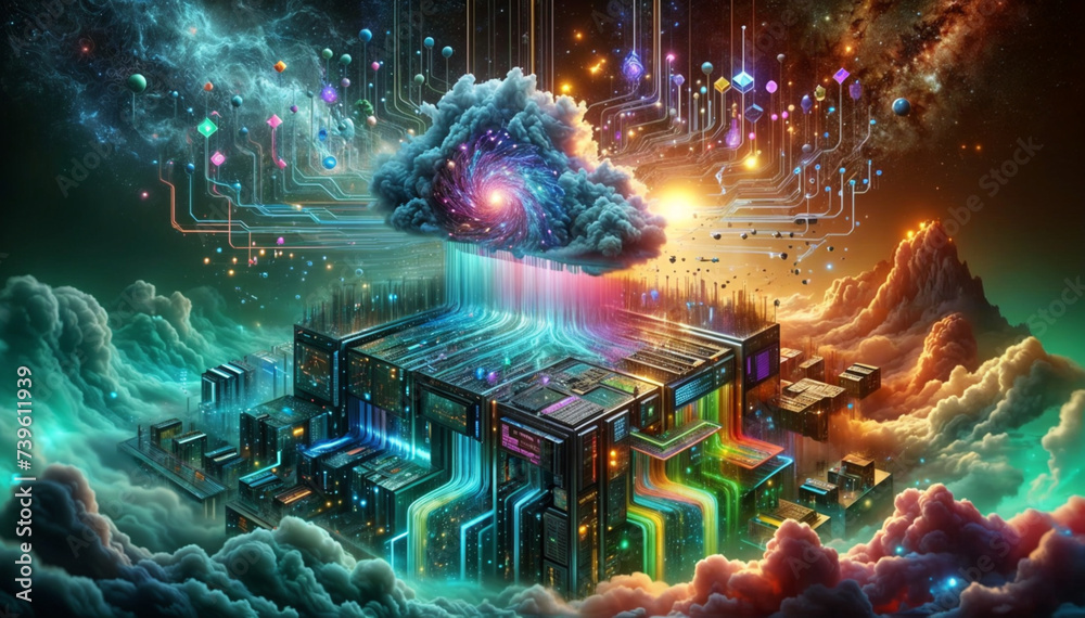 Neon Digital Utopia Amidst Clouds