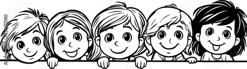 Children peeking sketch drawing