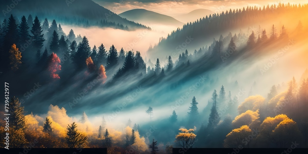 mystic fog of punk hue with touches of yellow and blue rises above lush autumn forest on mountain hill at sunrise - obrazy, fototapety, plakaty 