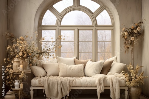 Stucco Wall Decor: Arched Window with Chic Bedroom Designs and Cozy Textiles