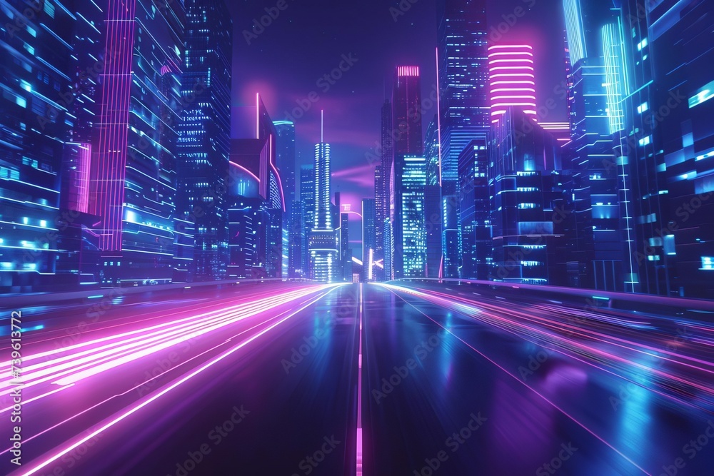 Futuristic cityscape with neon lights and high-speed light trails Depicting a vision of urban progress and digital innovation.