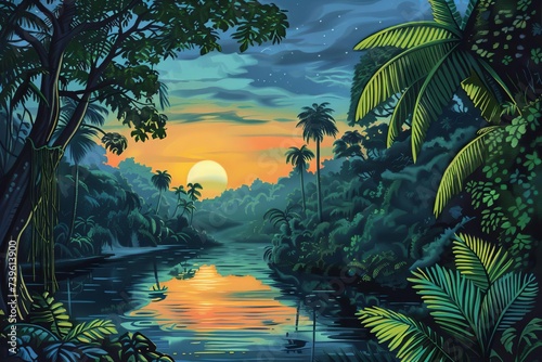 Illustrated amazon rainforest landscape at dusk Capturing the essence of adventure and natural wonder photo