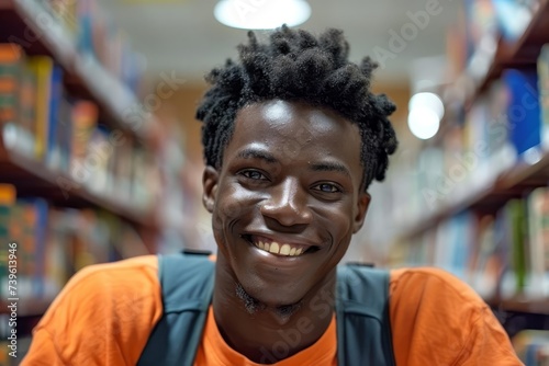 Joyful african american student with a bright smile studying in the library Surrounded by books