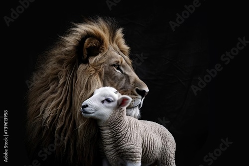 Lion and lamb together Symbolizing peace and harmony Set against a stark black background