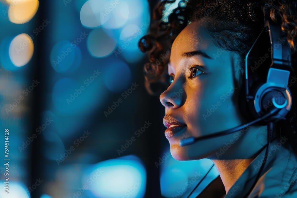 Professional call center agent in a dynamic work environment Showcasing dedication and expertise in customer support Professional call center agent in a dynamic work environment Showcasing dedication and expertise in customer support