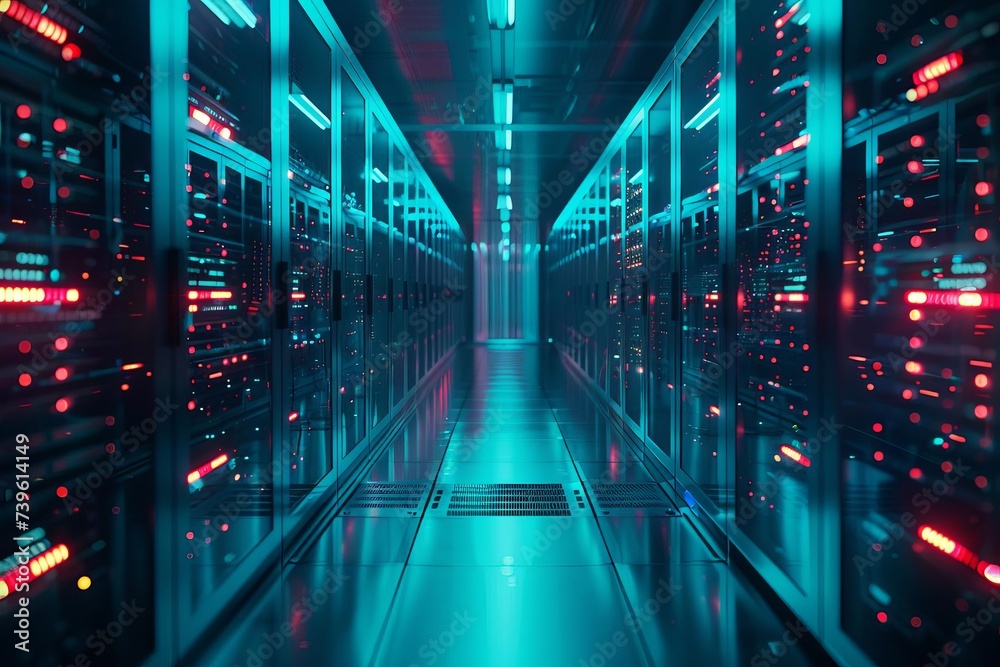 Row of network servers in a data center With led lights blinking Symbolizing the backbone of modern digital communication and data storage - obrazy, fototapety, plakaty 