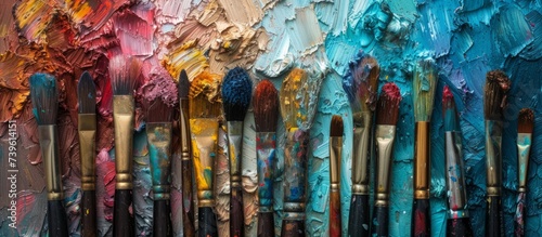 Variety of colorful paint brushes for art and painting projects at art studio photo