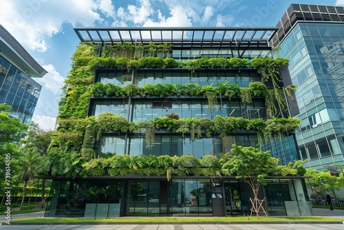 Sustainable office building surrounded by greenery Showcasing eco-friendly design principles and promoting a healthy workplace environment.