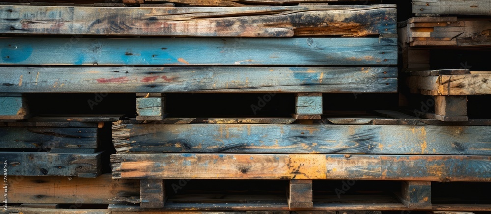 Rustic wooden pallets stacked in a messy pile for DIY projects and upcycling materials