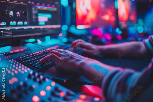 Video editing workstation with an editor meticulously crafting footage Showcasing the creativity and technology behind multimedia production. photo