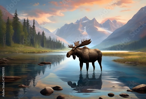 Landscape with the moose in the lake photo