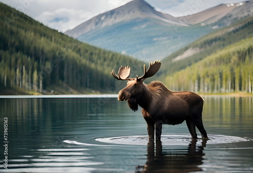 Landscape with the moose in the lake