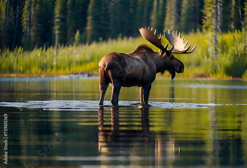 Landscape with the moose in the lake photo