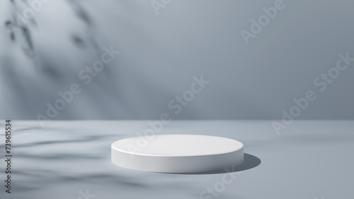 Fototapeta Naklejka Na Ścianę i Meble -  グレーの背景に白い円柱の台座。木の葉の影。3D（横長）