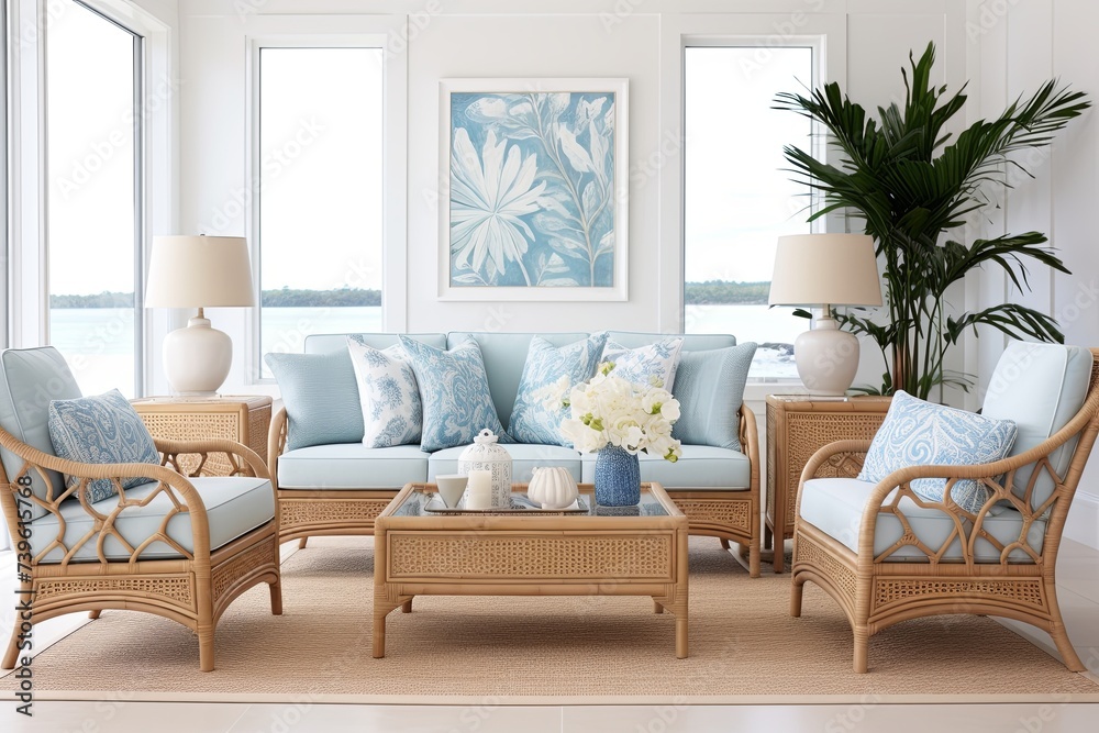 Coastal Room Oasis: Floral Pattern Cushions and Rattan Furniture with Beach Vibe in Light Blue Hue