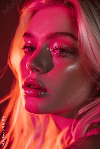 Glamourous Woman With Bright Pink Makeup and Long Blonde Hair. Generative AI