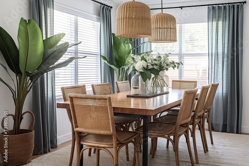 Coastal Dining Room: Tropical Plant Decor with Rattan Chairs & Light Curtains