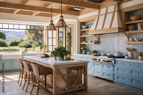 Rattan Accents & Blue Tile: Coastal Farmhouse Kitchen with Open Windows © Michael