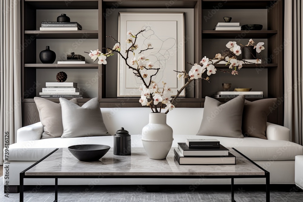 Modern Marble Coffee Table and Sleek Shelving: Neutral Palette Contemporary Design Modern Marble Coffee Table and Sleek Shelving: Neutral Palette Contemporary Design