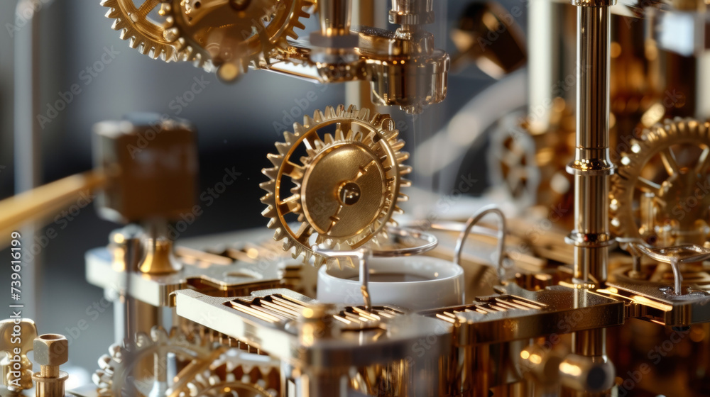Tiny intricate gears and mechanisms work in perfect synchronization to create the perfect cup of coffee.