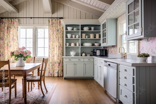 Cottage Farmhouse: Floral Curtains, Pastel Cabinets, Hardwood Floor