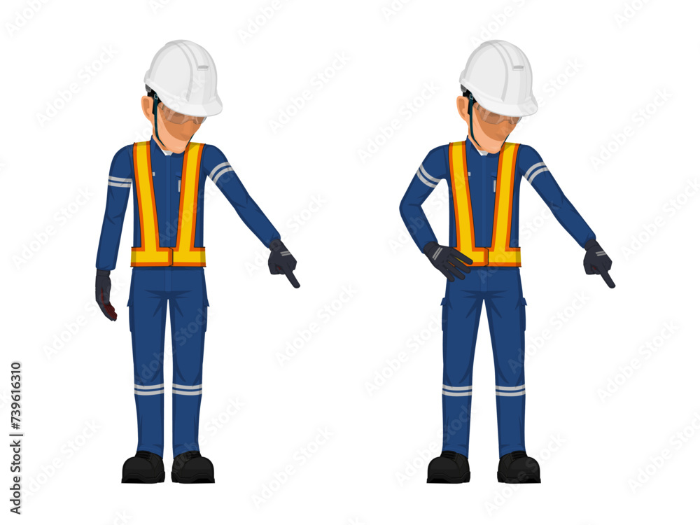 Set of construction worker in the position of pointing something on the floor Set of construction worker in the position of pointing something on the floor