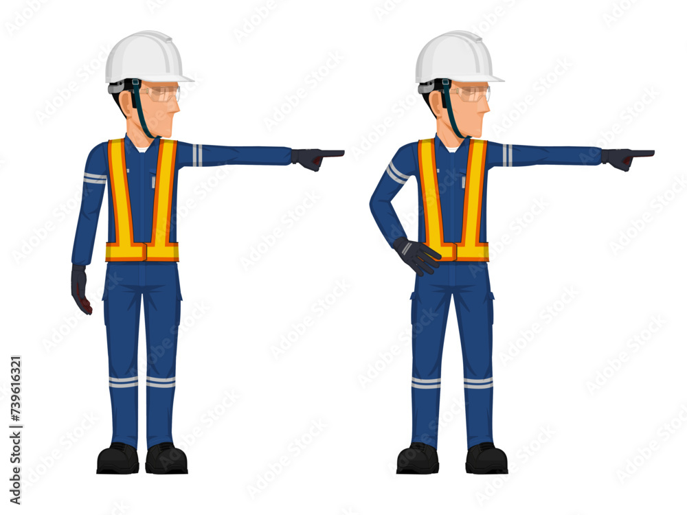 Set of construction worker in the position of pointing something beside him self Set of construction worker in the position of pointing something beside him self