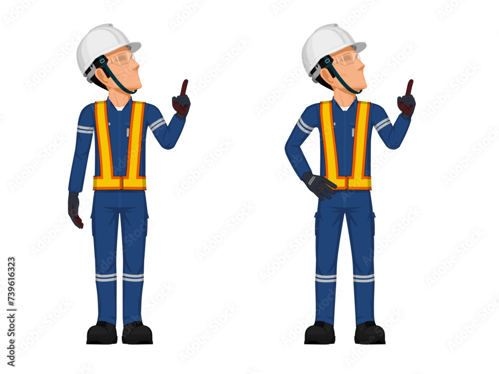 Set of construction worker in the position of pointing something over his head Set of construction worker in the position of pointing something over his head