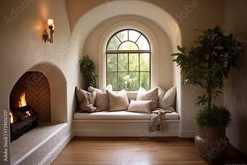Cozy Nook Retreat: Arched Window Stucco Wall Decor, Fireplace, Wood Floors & Comfortable Seating