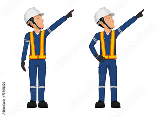 Set of construction worker in the position of pointing something over his head