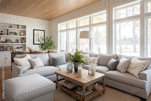 Shiplap Chic: Farmhouse Fusion Living and Dining Room with Vintage Touches and Comfortable Seating © Michael
