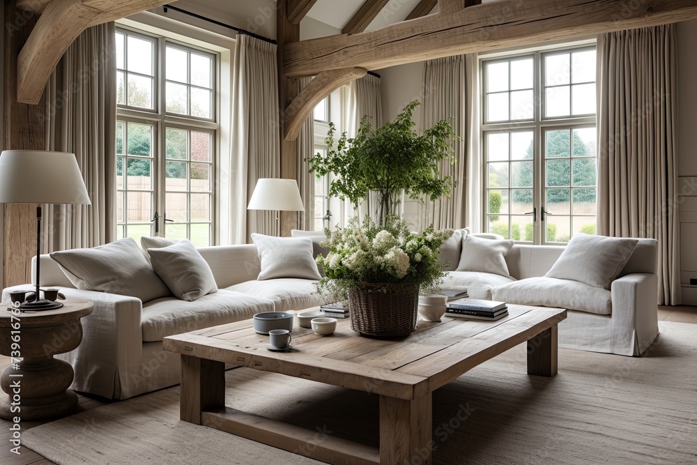 Square Coffee Table Farmhouse Room: Wooden Beams & Classic Curtain Design