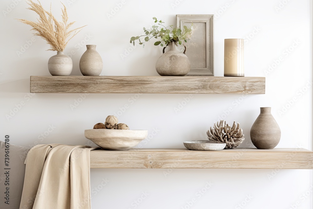 Coastal Living Rooms: Floating Wooden Shelf Ideas with White-Washed Wood, Seashell Decorations & Beachy Ambiance