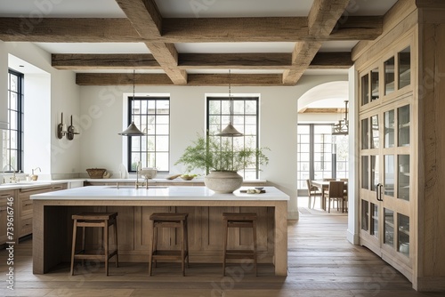 Minimalist Farmhouse Style Kitchen with Wooden Beams and Classic Interiors