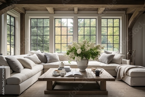 Square Coffee Table Inspirations: Farmhouse Style Room with Wooden Beams & Classic Curtain Design