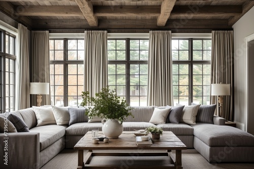 Rustic Farmhouse Style Room: Square Coffee Table & Wooden Beam Inspo with Classic Curtain Design