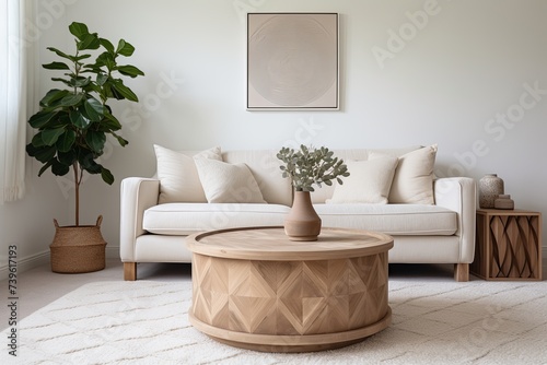 Geometric Rug Patterns in Scandinavian Living Spaces with Minimalist Decor Featuring Wooden Coffee Table