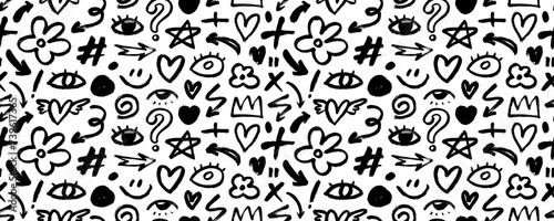 Seamless banner design with childish doodle shapes and lines. Brush drawn abstract seamless pattern.