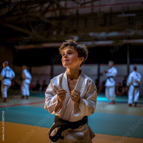 Determinação e Foco: Garoto Pratica Judo em Dojo photo
