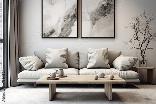 Marble Top Coffee Table Designs: Minimalist Lounge with Grey Couch and Art Poster Wall
