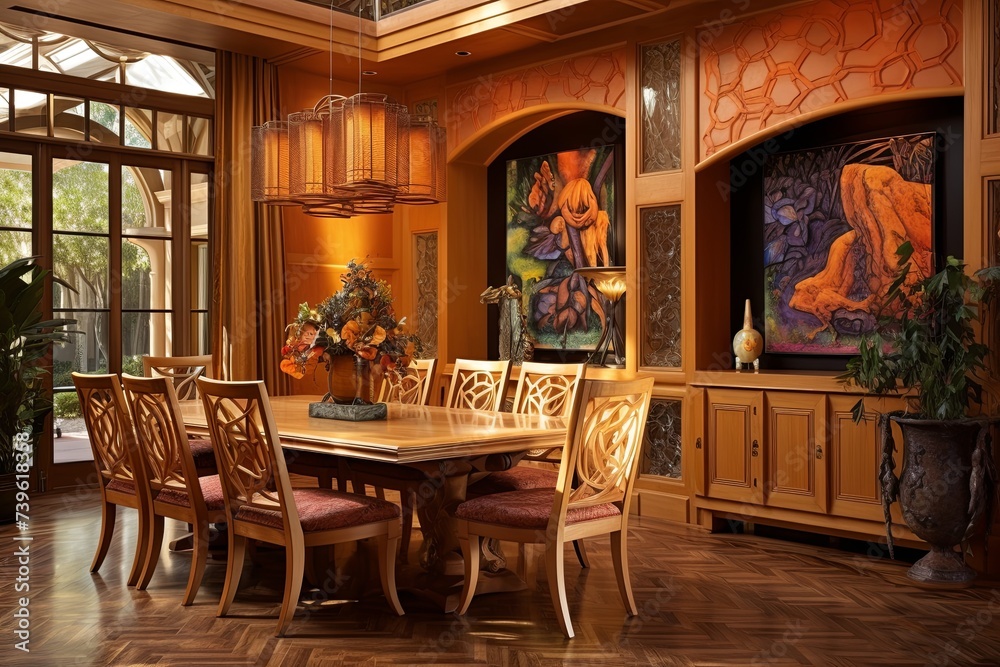 Abstract Wood Paneling Dining Rooms in Warm Mediterranean Villa Essence
