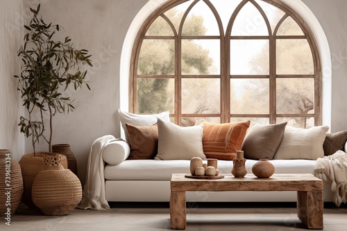 Terracotta Accents: Mediterranean Vibes Wood Stump Side Table Ideas with Arched Windows
