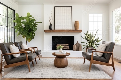 Minimalist Elegance  Mid-Century Leather Armchair Living Space with Geometric Rug and Wood Accents