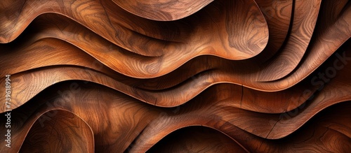 A closeup of a brown wooden sculpture with intricate wave patterns carved into it, showcasing artistry and symmetry. The natural landscape design resembles metal waves on the surface